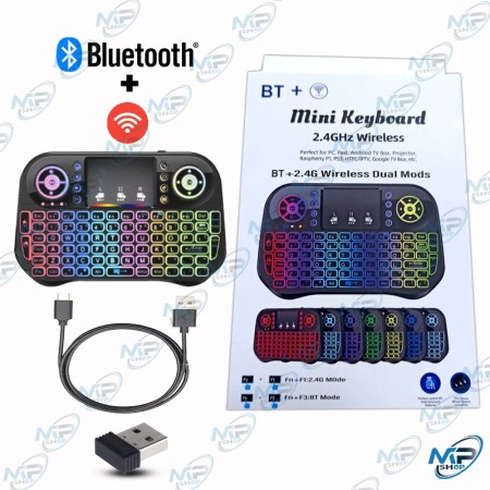📡 Mini Clavier Sans Fil Bluetooth + 2.4GHz Rétroéclairé RGB avec Touchpad – Clavier Portable Smart TV, PC, Android Box