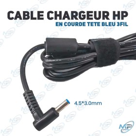 🔌 Câble Chargeur PC HP Tête Bleue 4.5×3.0 mm – Câble d’Alimentation Courbé 3 Fils pour Ordinateur Portable HP