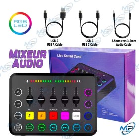 🔊 Mixeur Audio RGB LED Live Sound Card – Carte Son Bluetooth USB pour Streaming, Karaoké & Podcast