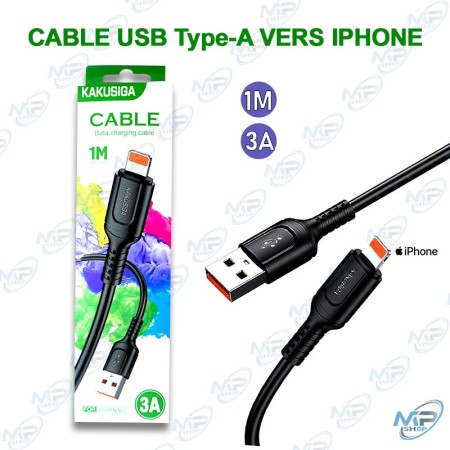 🔌Câble KAKUSIGA USB vers iPhone Lightning 3A – Charge Rapide – Noir