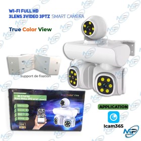 🎥 Caméra WiFi 3 Lentilles PTZ Full HD – Surveillance 360° True Color, Détection Mouvement, Application iCam365
